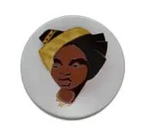 Small plate decorated with a portrait of an Ndebele woman with headdress by Kalahari Studio, terracotta with contrasting matte and glossy glaze, offered Feb 2025