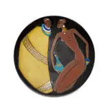 Kalahari Studio, Plate decorated with two figures with blanket and gourd, terracotta with a crackle glaze