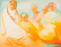 Aleksanders Klopcanovs, Family of Five, oil on canvas laid down on board