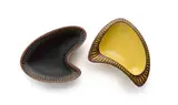 Kalahari Studio, Pair of three-footed organic-shaped bowls with Ndebele inspired decoration, two, terracotta with overglaze slip trail decoration