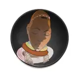 Kalahari Studio, Plate decorated with a portrait of a woman wearing beaded adornments, terracotta with overglaze slip trail decoration