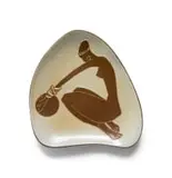 Kalahari Studio, Organic-shaped dish decorated with a figure wearing headband and bangles, glazed terracotta with raised decoration