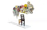 Ifeoma U. Anyaeji, A No M'eba, Ma Na Anoho Mu Eba (I Am Here, But I Am Not Here - Presence, Absence), 2016, repurposed discarded non-biodegradeable plastic bags (plasto-yarn, wood, twine, found object, wire), wooden chair and plinth