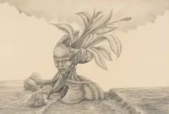 Fikile Magadlela, Portrait of a Man with Foliage Emerging from His Crown, 1980, pencil on paper