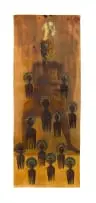 Tuli Mekondjo, Kululako elende loye, ove omuKriste paife (Shave off your Elende hairstyle, You Are a Christian Now), 2020, photo transfer, collage, acrylic, millet grain and resin on unstretched canvas