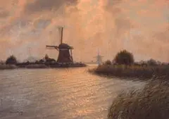 Jacobus Leonardus van der Meide, Landscape with Windmills, oil on canvas