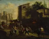 Continental School, 18th Century, Town Scene with Figures, oil on panel