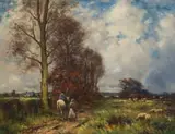 Edwin Butler Bayliss, Pastoral Landscape with Figure Astride a Horse, oil on canvas