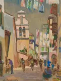 Lykourgos Kogevinas, A Bustling Street Scene, gouache on card