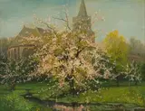 Dutch School, 20th Century, Church in Laren in the Springtime, oil on canvas