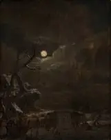 Aert van der Neer, Night Scene with Horse and Cart, oil on panel