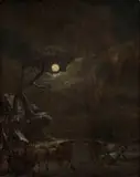 Aert van der Neer, Night Scene with Horse and Cart, oil on panel