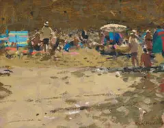 Summer Beach by Ken Howard, oil on canvas laid down on board, sold Oct 2025