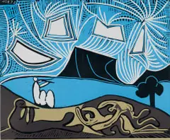Pablo Picasso, Couple et Flûtistes au Bord d’un Lac (Bacchanale) (Couple and Flutists by the Lake) (Bloch 930) (Baer 1259), 1959, linocut on Arches wove paper