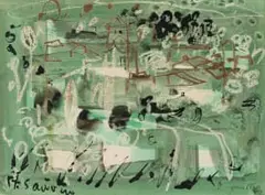 John Piper, St Sauvin, pastel, ink and watercolour on paper
