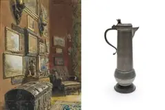 Themistokles von Eckenbrecher, Unten Atelier, Halensee, Kurfurstendamm 136 (Downstairs Studio, Halensee, Kurfurstendamm 136); Pewter Flagon, two, 1919, (1) gouache on board (2) pewter