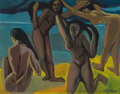 Chittaprosad Bhattacharya, Four Female Nudes, 1956, gouache on paper laid down on board