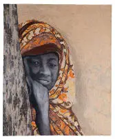 Marion Boehm, Figure with Orange Headscarf, 2014, mixed media with collage and fabric on paper