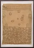 Raffia cloth panel, framed by Kuba Peoples Unrecorded artist, rectangular woven raffia palm panel decorated with geometric patterns and patchwork, sold Feb 2025