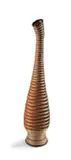 Tall Rwandan gourd by Tutsi Peoples Unrecorded artist, palm fibre woven into a black and rust interlacing zig-zag pattern, sold Feb 2025
