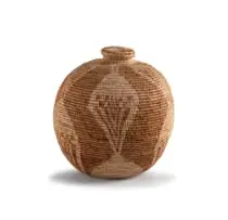 Rondorobi Solomon, Yei closed coiled basket, 1985, Hyphaene petersiana palm for wrapping over the core and Cocculus hirsutus vine for the inner core with 'Knees of the Tortoise' design