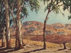 Landscape with Labourers and Blue Gum Trees by Nils Andersen, oil on canvas laid down on board, sold Jan 2026