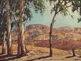 Nils Andersen, Landscape with Labourers and Blue Gum Trees, oil on canvas laid down on board