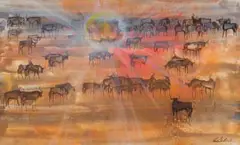 Gordon Vorster, Etosha Sunset, mixed media with watercolour on board