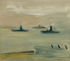 Carl Büchner, Ships in Grey Dawn, oil on canvas laid down on board