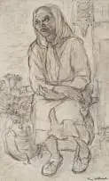 May Hillhouse, Seated Woman Wearing a Headscarf, charcoal and pen on paper