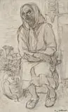 May Hillhouse, Seated Woman Wearing a Headscarf, charcoal and pen on paper
