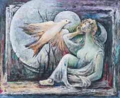 Armando Baldinelli, Woman and Bird, 1996, oil and mixed media on board