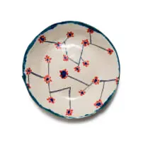 Plate with red and blue flowers and linear decoration by Ruan Hoffmann, 2004, painted and glazed ceramic, sold Nov 2025