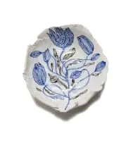 Bowl with linear botanical decoration in blue and white by Ruan Hoffmann, 2007, painted and glazed ceramic, sold Nov 2025