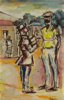 Gerard Sekoto, Conversation, 1974, watercolour and gouache on paper laid down on board