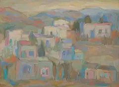 May Hillhouse, Landscape with Cottages, 1973, oil on canvas
