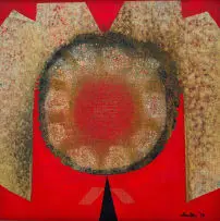 Abstract Circular Composition in Red by Larry Scully, 1974, oil on canvas, sold Nov 2025
