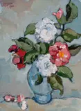 Gregoire Boonzaier, Japonikas in Blou Vaas (Camilias in a Base Vase), 1984, oil on canvas
