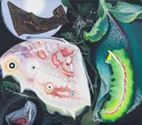 Untitled (Caterpillar, Chrysalis, Butterfly) by Wendy Vincent and Geoffrey Armstrong, 2009, oil on canvas stretched over board, sold Nov 2025