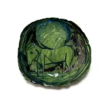 Plate in green with horse motif by Ruan Hoffmann, 2009, painted and glazed ceramic with lustre decoration, sold Nov 2025