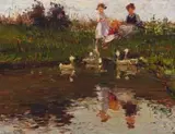 Adriaan Boshoff, Children at a Duck Pond, oil on canvas laid down on board