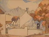 Cape Village with Distant Mountains by Jacobus Hendrik Pierneef, watercolour on paper, sold Nov 2025