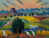 Maggie Laubser, Landscape with Tree and Birds, oil on fibre cardboard