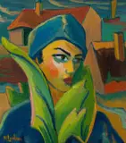 Maggie Laubser, Composition with Head, Foliage and Huts, 1956, oil on board