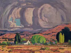 Jacobus Hendrik Pierneef, Transvaal Landscape with Farmhouse, oil on board