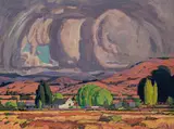 Jacobus Hendrik Pierneef, Transvaal Landscape with Farmhouse, oil on board