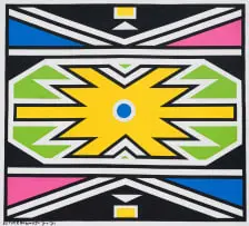 Untitled (Ndebele Design with Yellow Centre) by Esther Mahlangu, 2021, acrylic on canvas, sold Nov 2025
