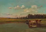 Cattle Drinking from Watering Hole by Adriaan Boshoff, oil on canvas laid down on board, offered Nov 2025