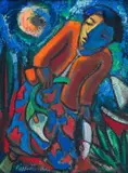 Hennie Niemann Snr, Figure with Lily and Fish, 2014, oil on board