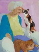 Marjorie Wallace, Seated Woman with Two Cats, gouache on paper